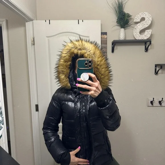 Women's Black Bomber Jacket with Faux Fur Hood - Picture 5 of 7